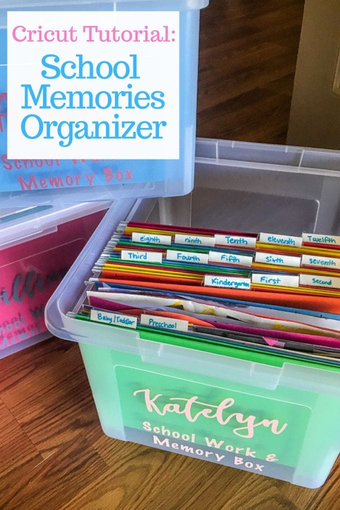 A school memory box with the lid off and the words "Cricut tutorial: school memories box"