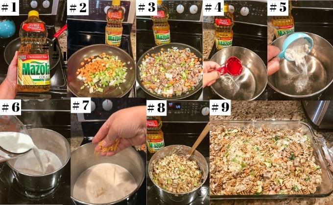 Step-by-step photos demonstrating the process of making ground turkey casserole.