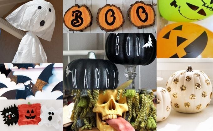 Collage photo showing several ideas for cheap DIY halloween decorations including garbage bag ghosts, Rae Dunn pumpkins, and more!
