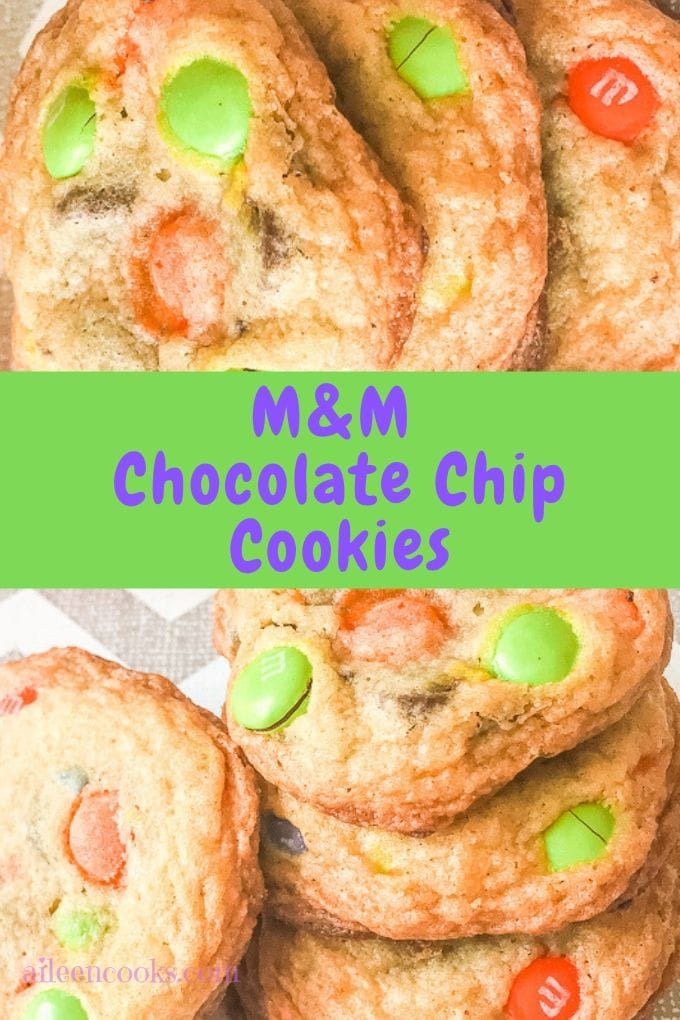 A collage photo featuring close up shots of M&M chocolate chip cookies.