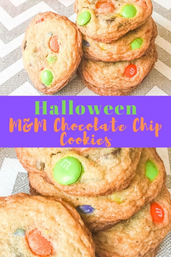 A collage photo of halloween chocolate chip cookies with the words "halloween M&M chocolate chip cookies" in green and orange writing.