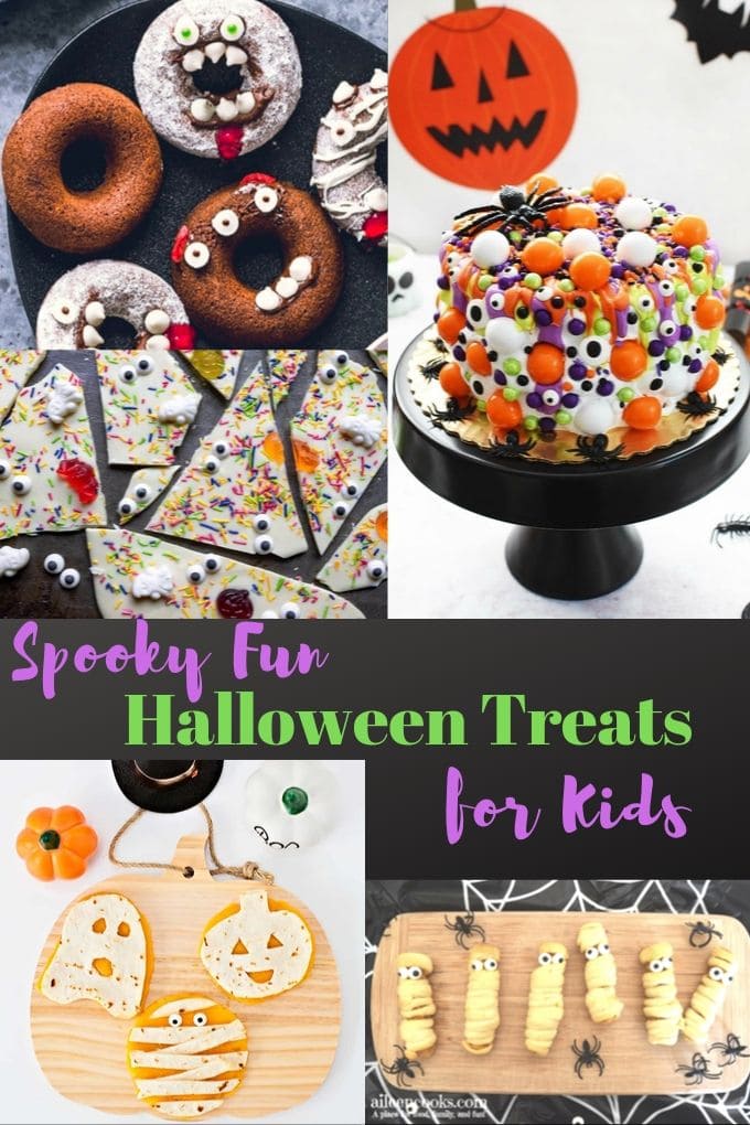 Collage photo of halloween treats for kids including quesadillas, donuts, and cake.