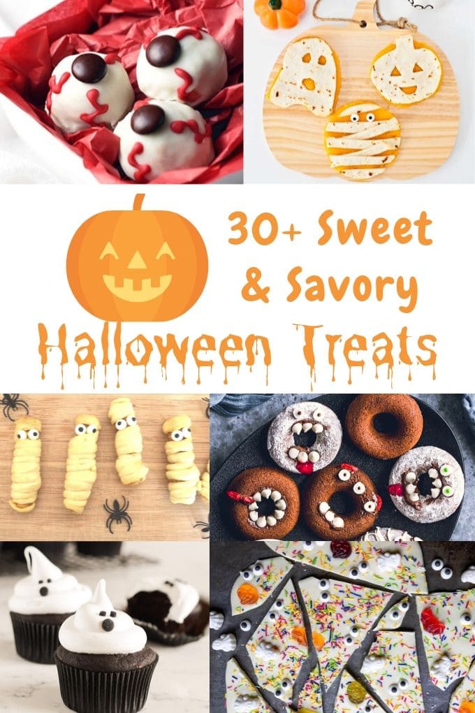 Collage image showing 6 different halloween treats for kids.
