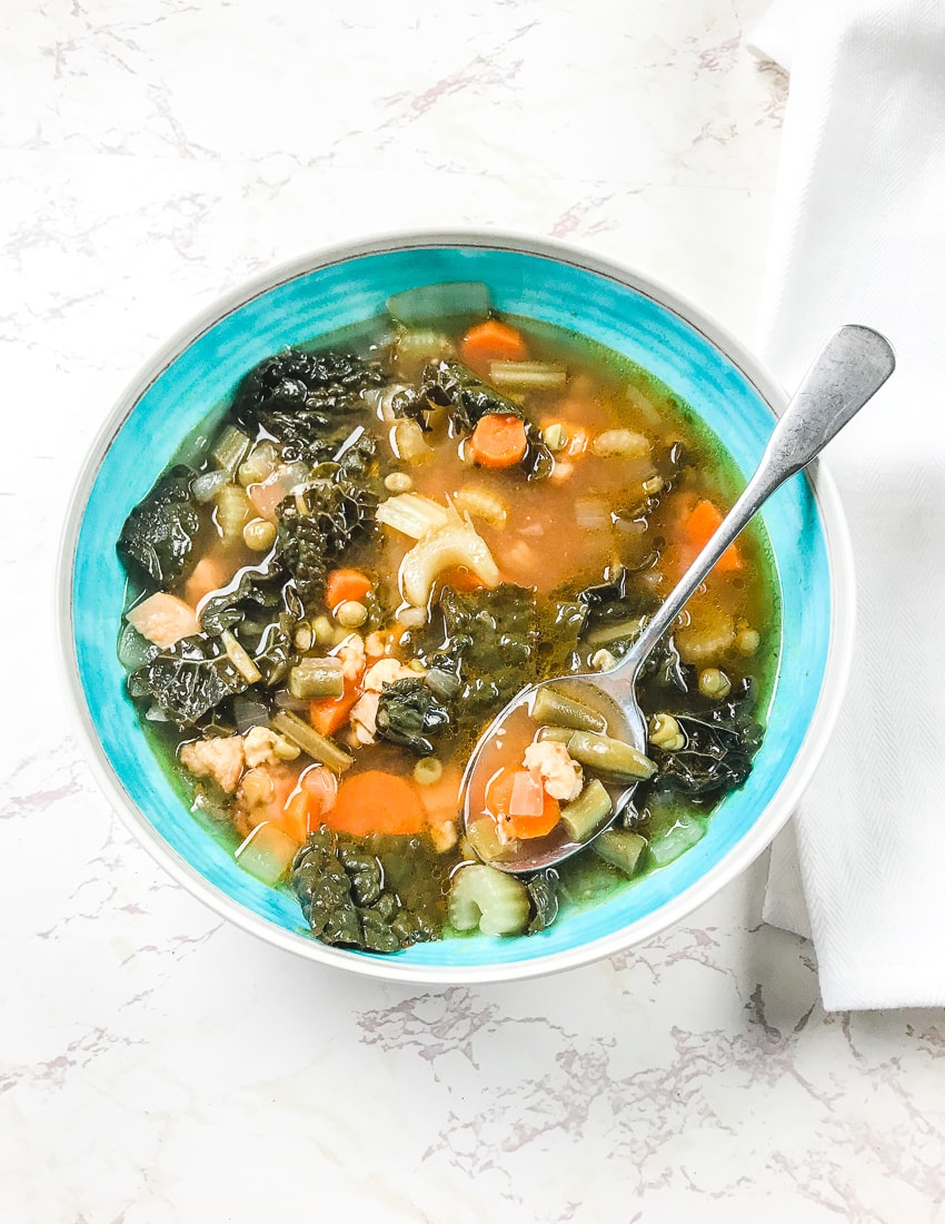 Chicken vegetable soup made in the instant pot served in and white bowl.