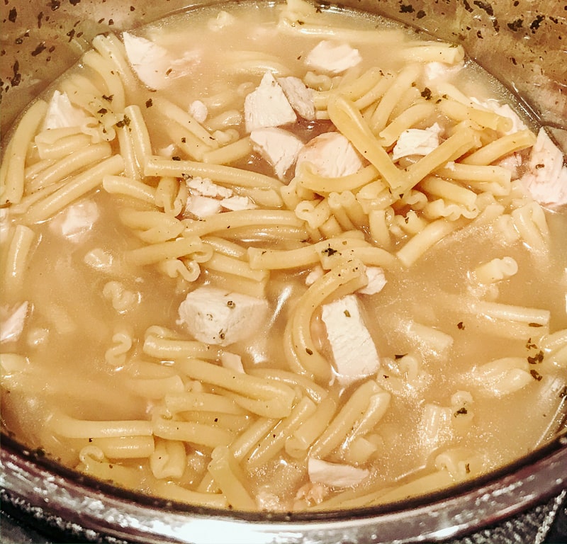Pasta, water, broth, and chicken inside instant pot.