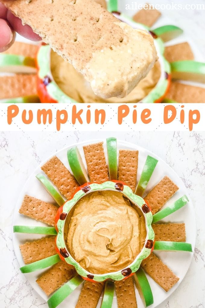 Collage photo of two different pictures of pumpkin pie dip.