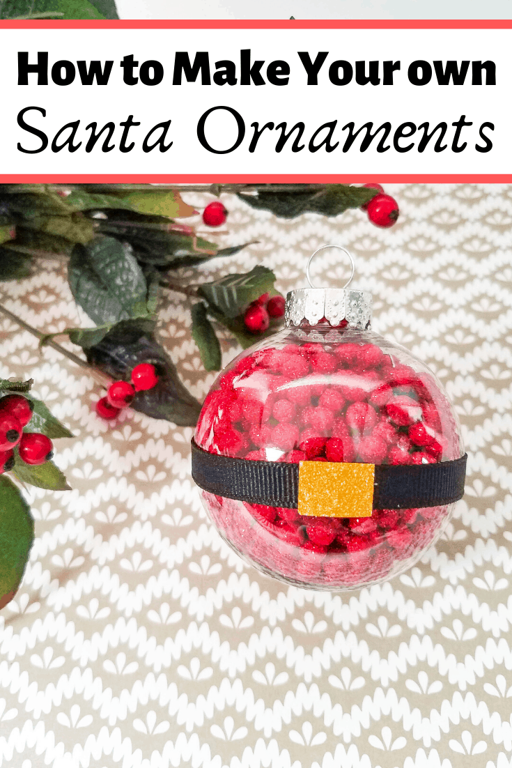 A red, black, and gold Santa belt ornament with the words "how to make your own Santa ornaments"