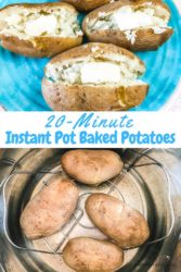 Collage photo of instant pot baked potatoes on a blue plate and inside the instant pot.