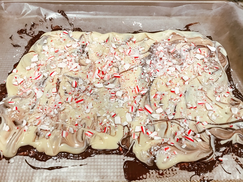 Crushed peppermint candies sprinkled over melted white chocoalte