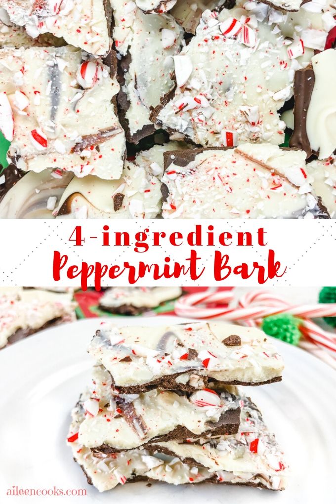 A collage photo of peppermint bark and the words "4-ingredient peppermint bark"