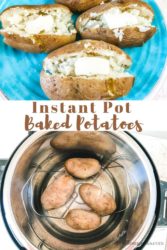 A collage photo with baked potatoes on a blue plate on top and an instant pot with russet potatoes on bottom.