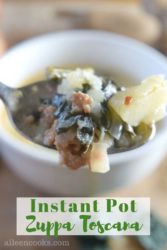 A spoonful of Zuppa toscana with the words "instant pot Zuppa Toscana".
