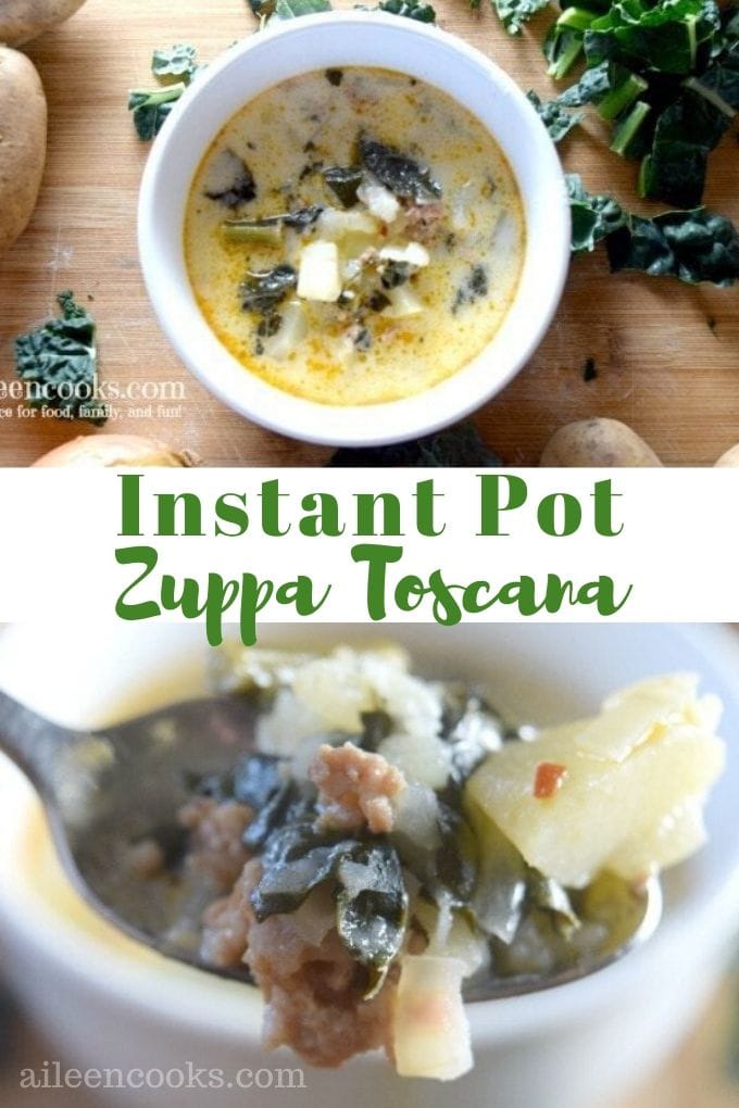 A collage photo of a bowl of instant pot Zuppa Toscana above a spoonful of Zuppa Toscana.
