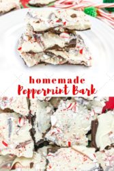 A collage of two pictures of peppermint bark and the words "homemade peppermint bark"