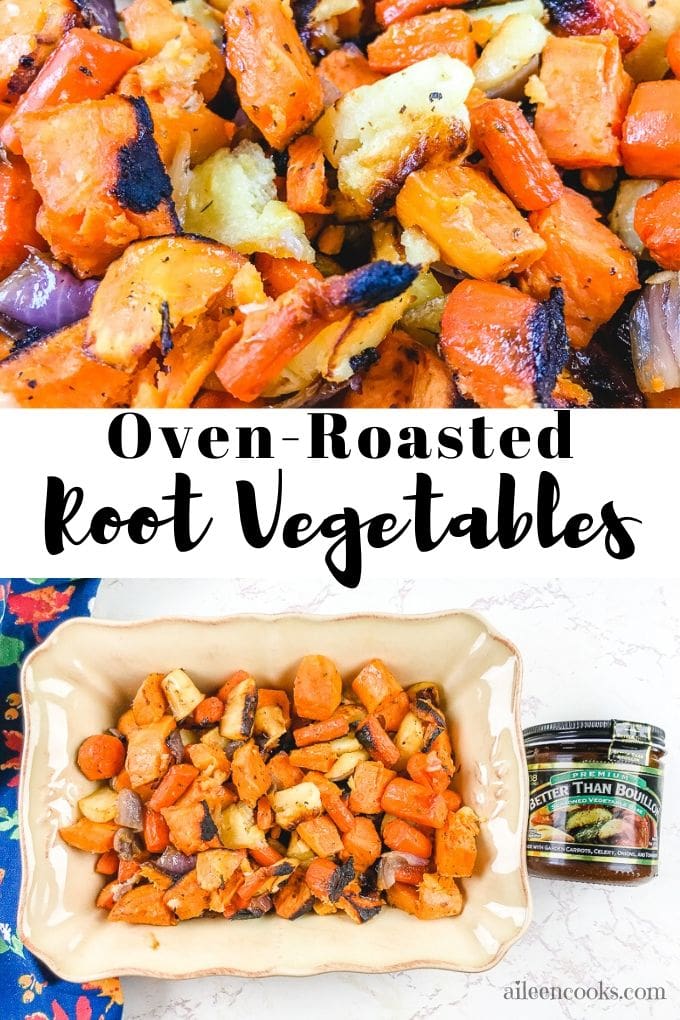 Collage photo of roasted veggies with works "oven roasted root vegetables"