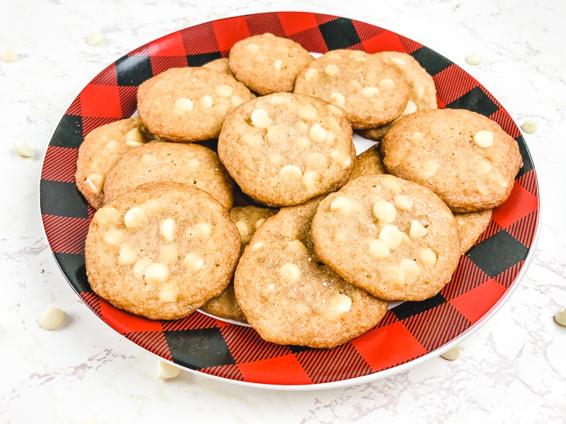 A buffalo check plate filled with salted caramel cookies.