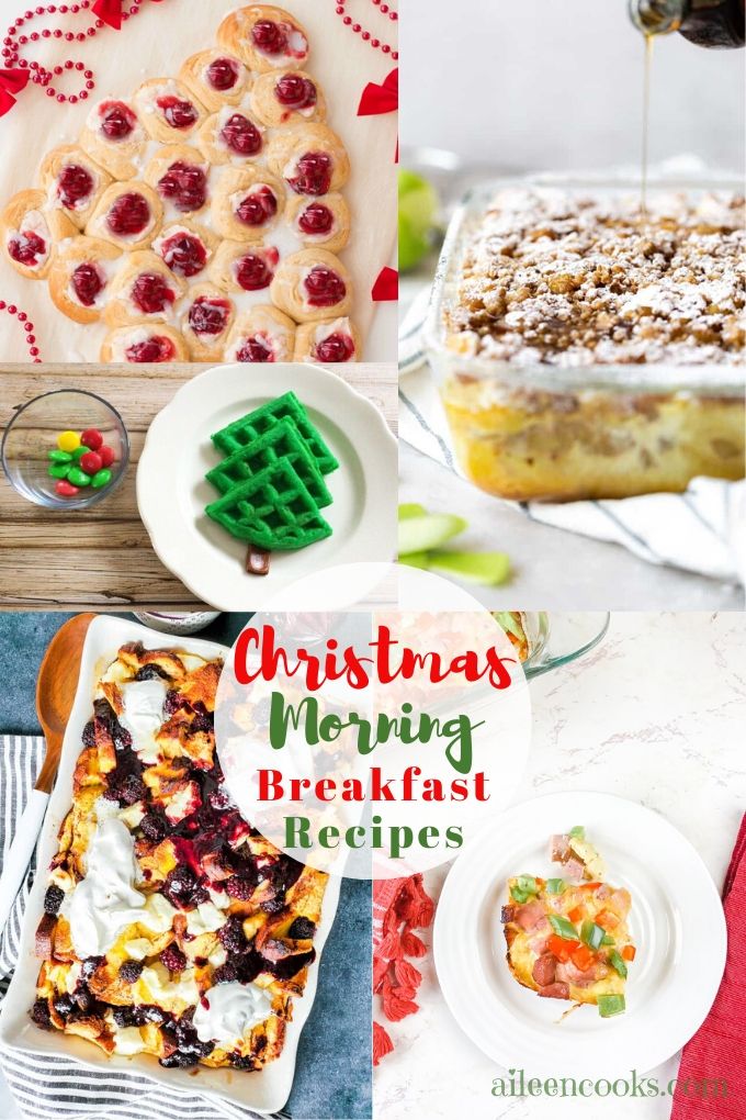 Collage photo of Christmas morning breakfast recipes.
