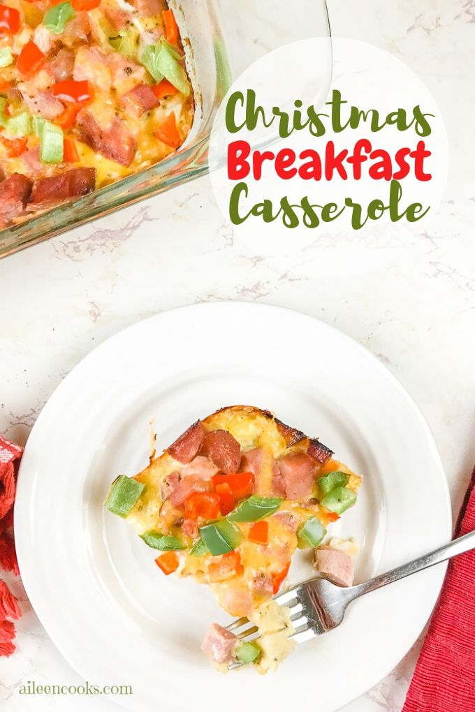 A plate of casserole and words "christmas breakfast casserole"