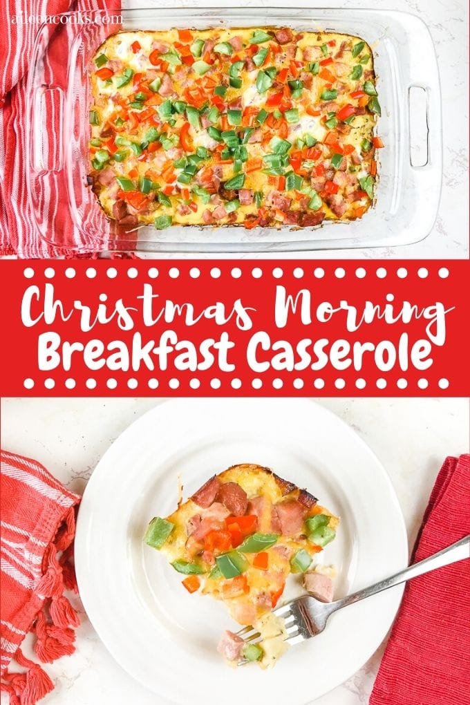 Collage photo of breakfast casserole and words "christmas morning breakfast casserole"