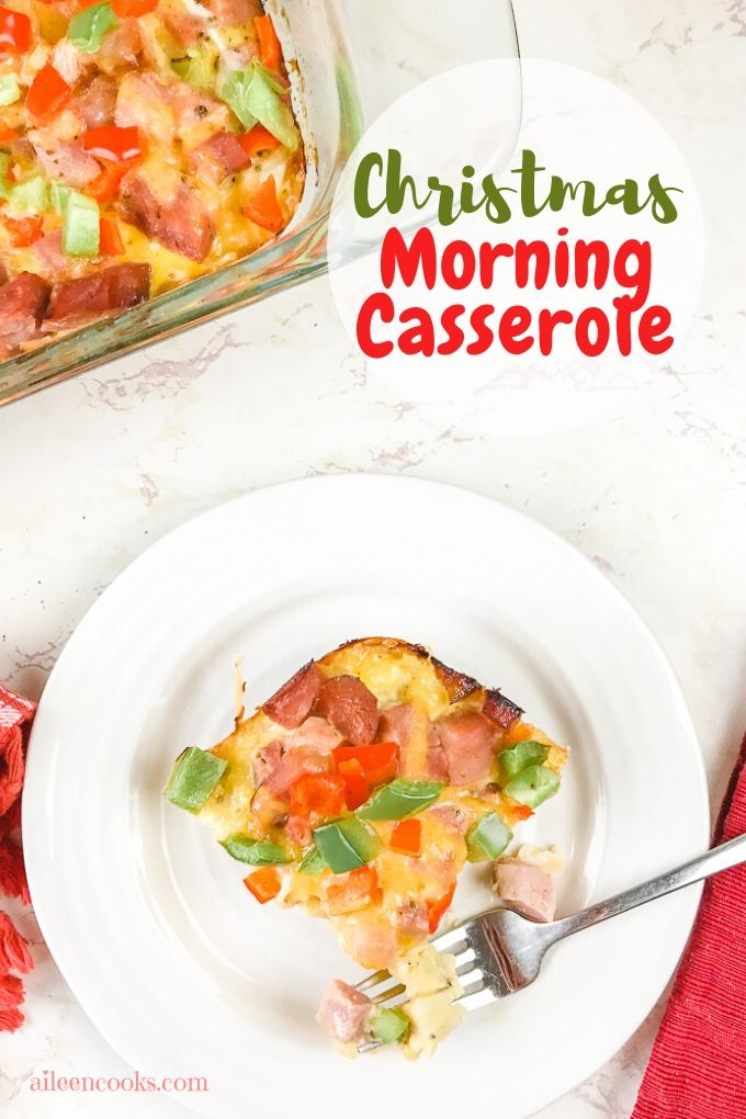 A plate of breakfast casserole with words "Christmas morning casserole"