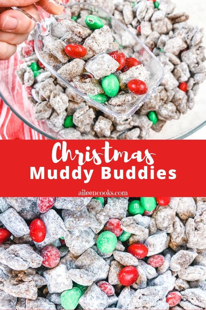 Collage photo of christmas puppy chow with words "christmas muddy buddies"