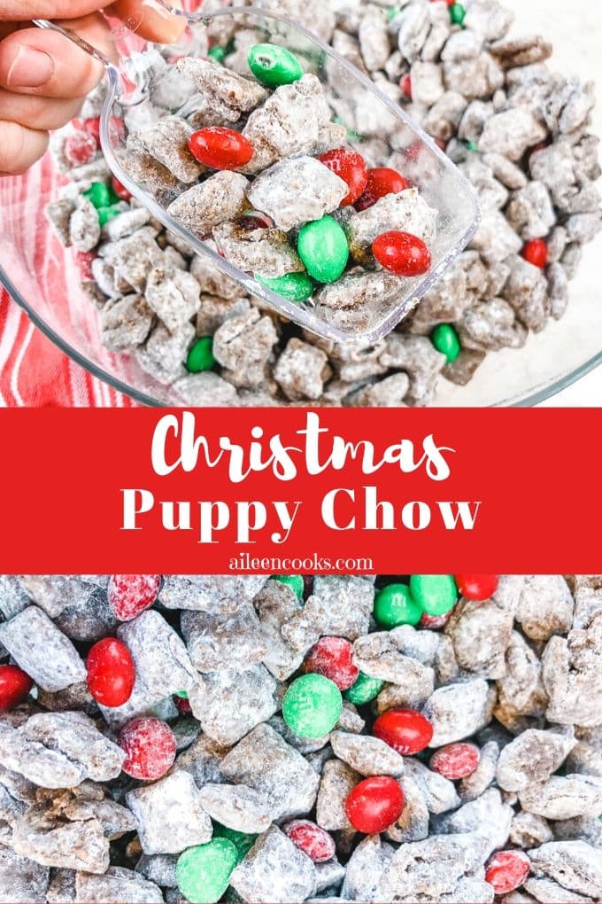 Collage photo of Christmas themed puppy chow.
