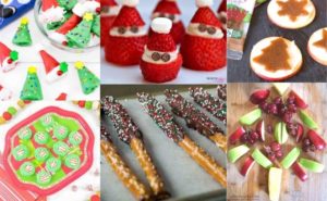 A collage photo of Christmas snacks for kids including strawberry Santas and chocoalte dipped pretzels.
