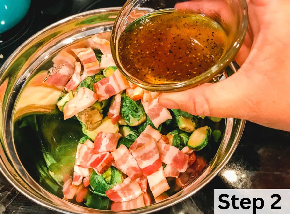 Bacon and Brussels sprouts inside a metal bowl.
