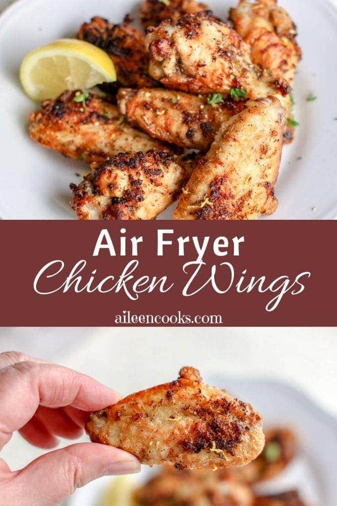 A collage photo of chicken wings with words "air fryer chicken wings"