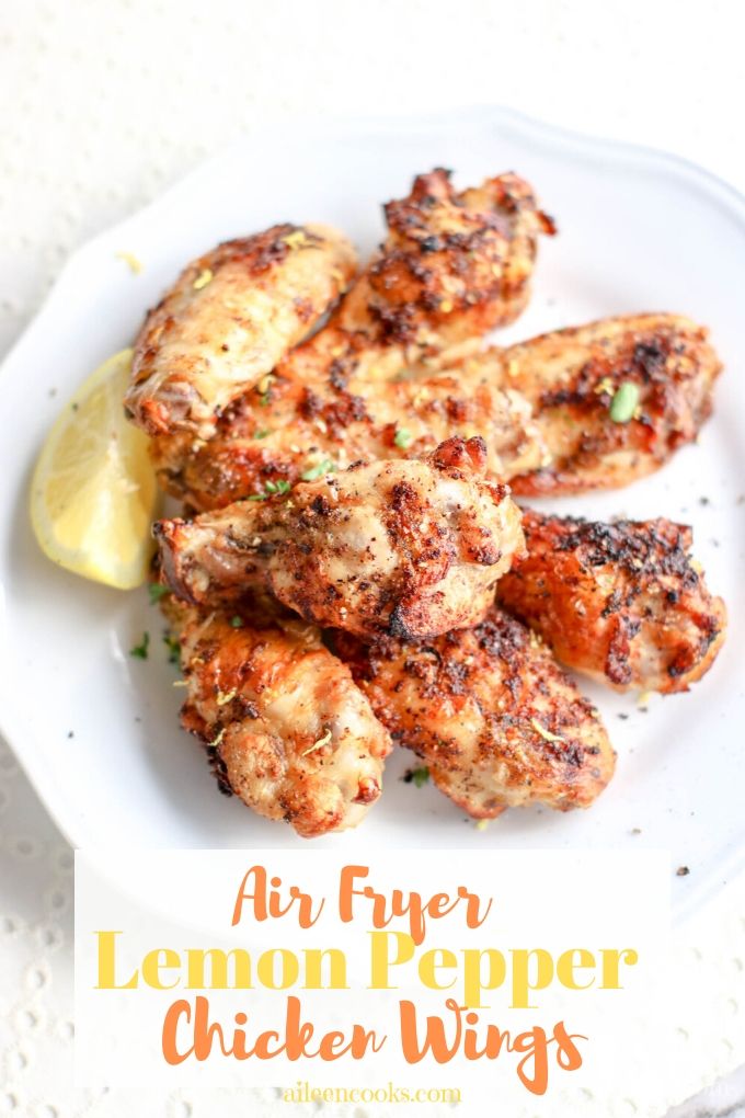 A plate of chicken wings with words "air fryer lemon pepper chicken wings"