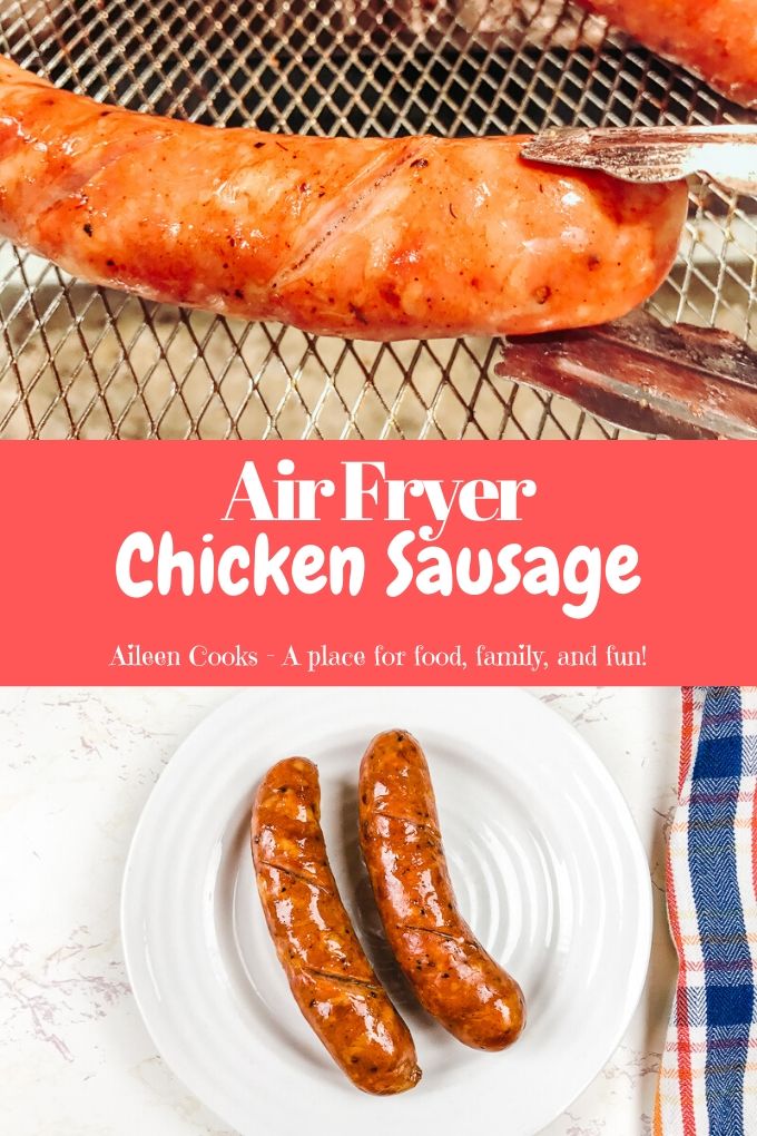 Collage photo of air fryer sausages.