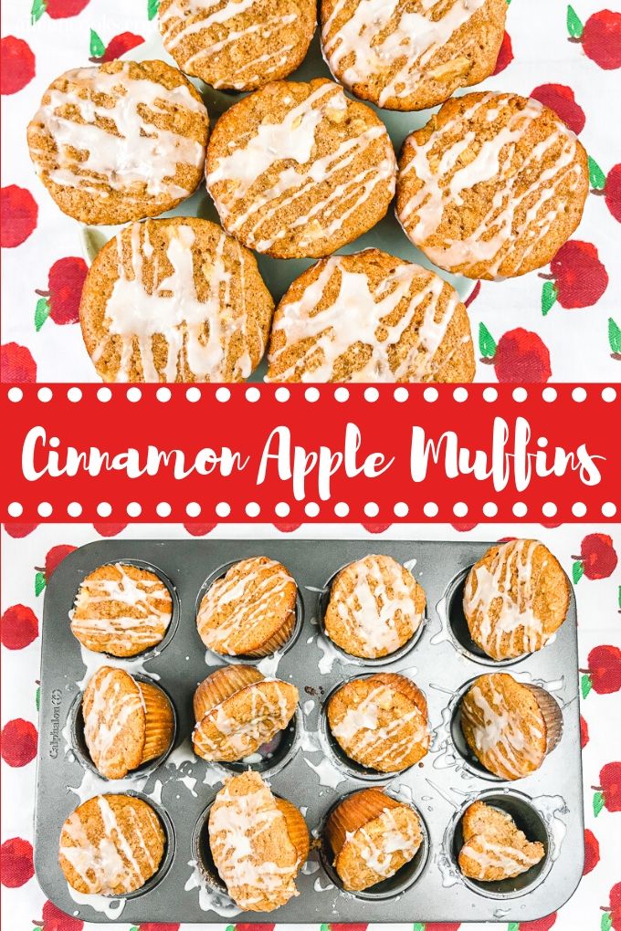 Collage photo of muffins with words "apple cinnamon muffins".