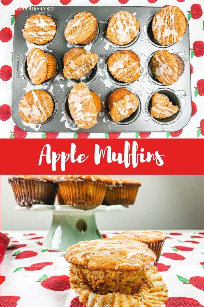 Collage photo of muffins with words "apple cinnamon muffins".