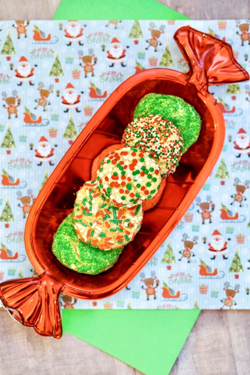 Christmas cake mix cookies in a candy shaped dish.