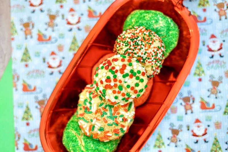 Close up of cookies in festive dish.