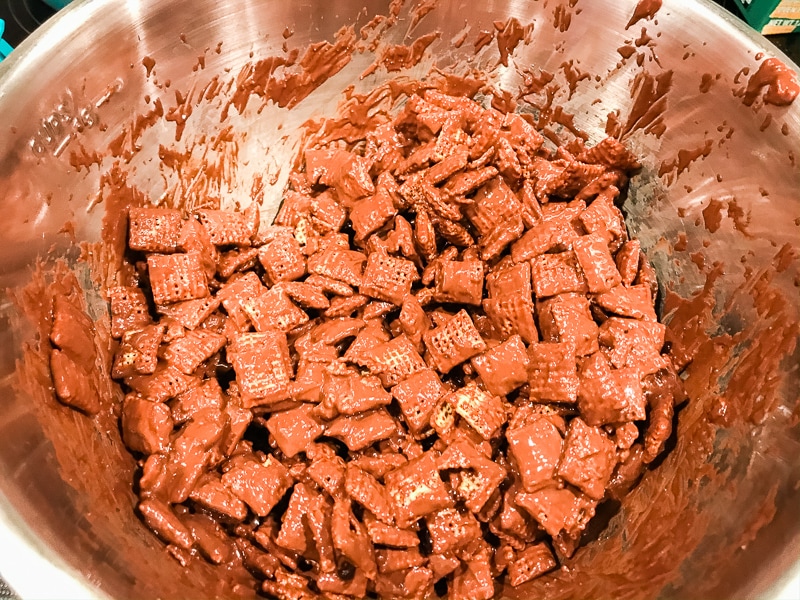Chex cereal coated with chocolate and peanut butter.