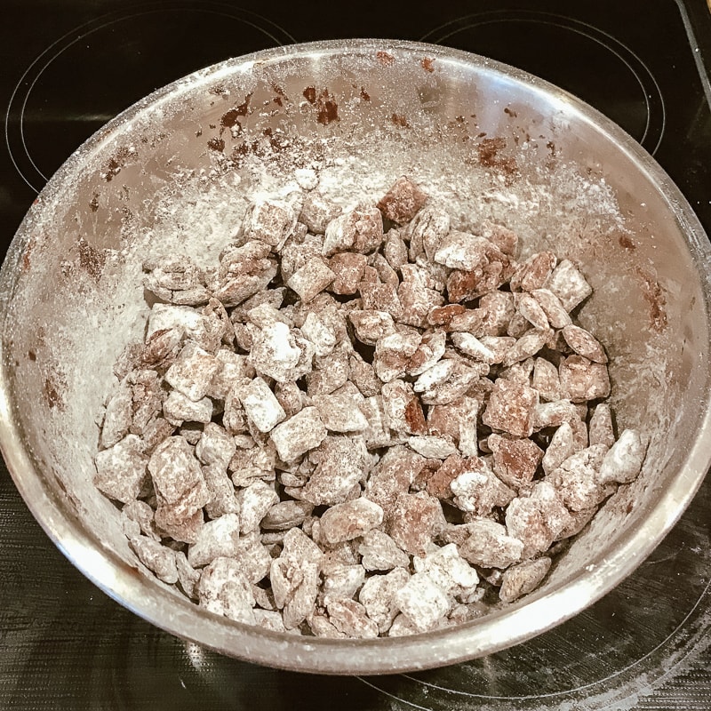 Puppy chow tossed in powdered sugar.