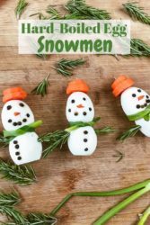 A photo of three egg snowman snacks and the words "hard boiled egg snowmen"