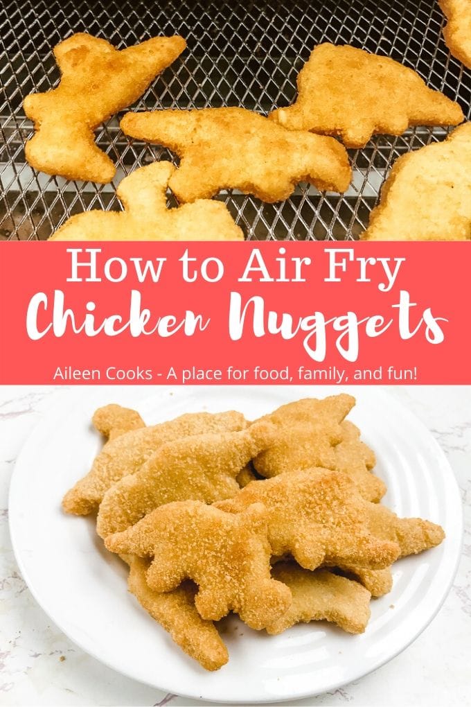 Collage photo of chicken nuggets inside air frier and air fried nugget on a white plate.