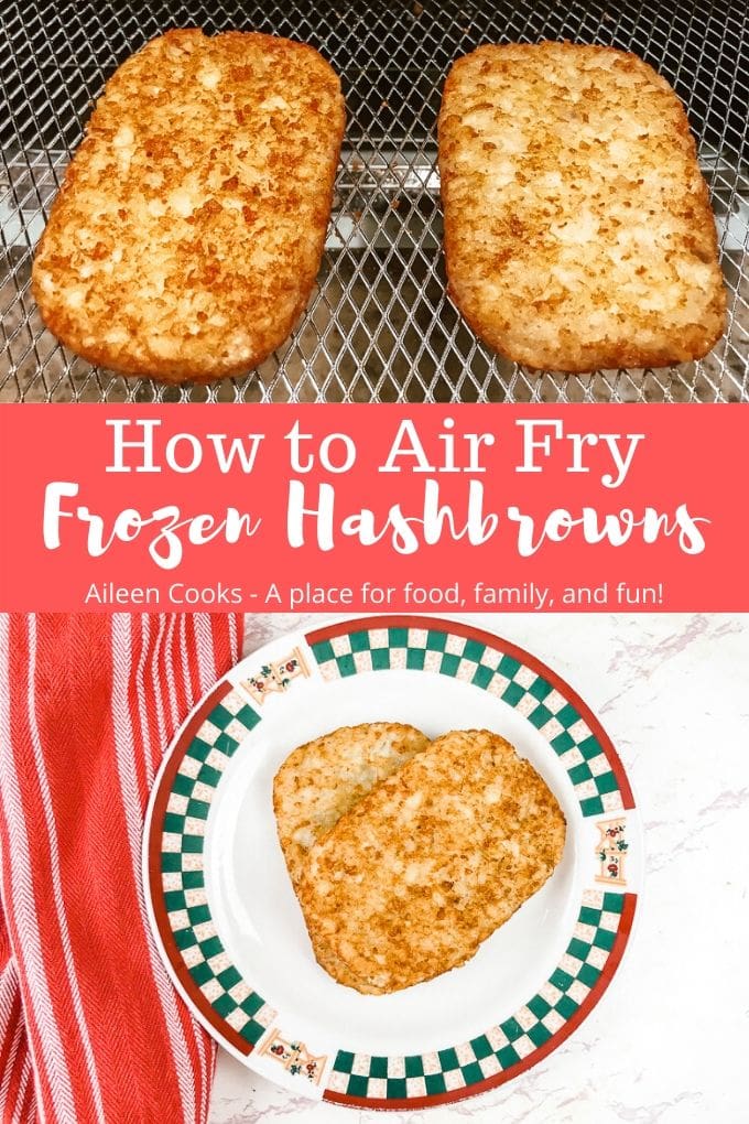 A collage of frozen hash browns and words "how to air fry frozen hashbrowns"