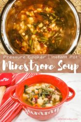 Collage photo of minestrone soup.