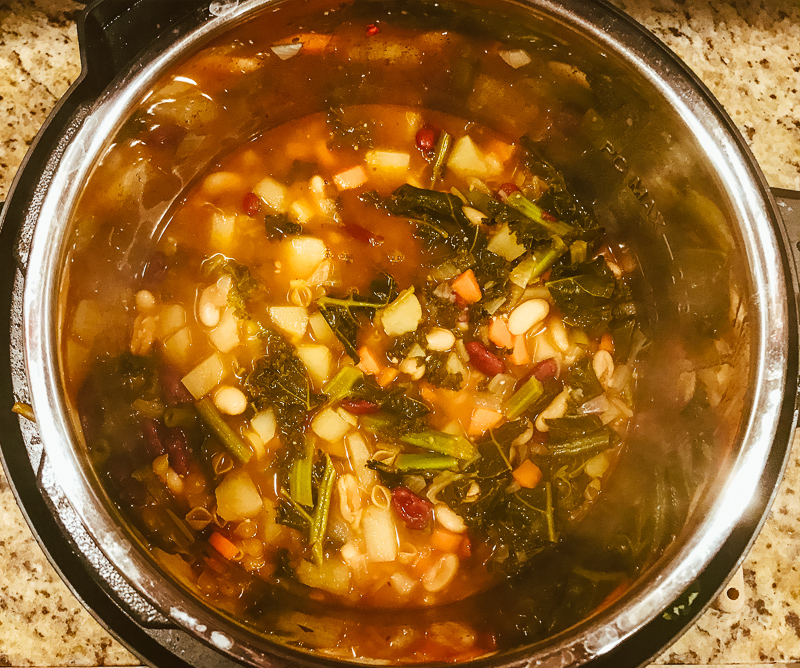 Cooked minestrone sou inside instant pot.