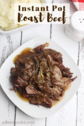 A square plate of roast beef with words "instant pot roast beef"