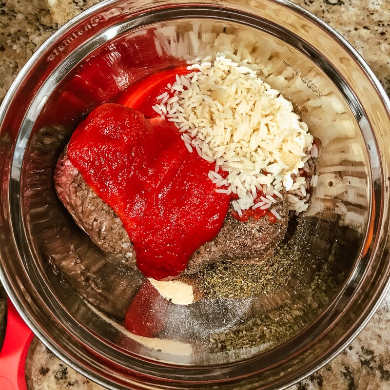 Beef, tomato sauce, rice, seasonings in metal bowl.