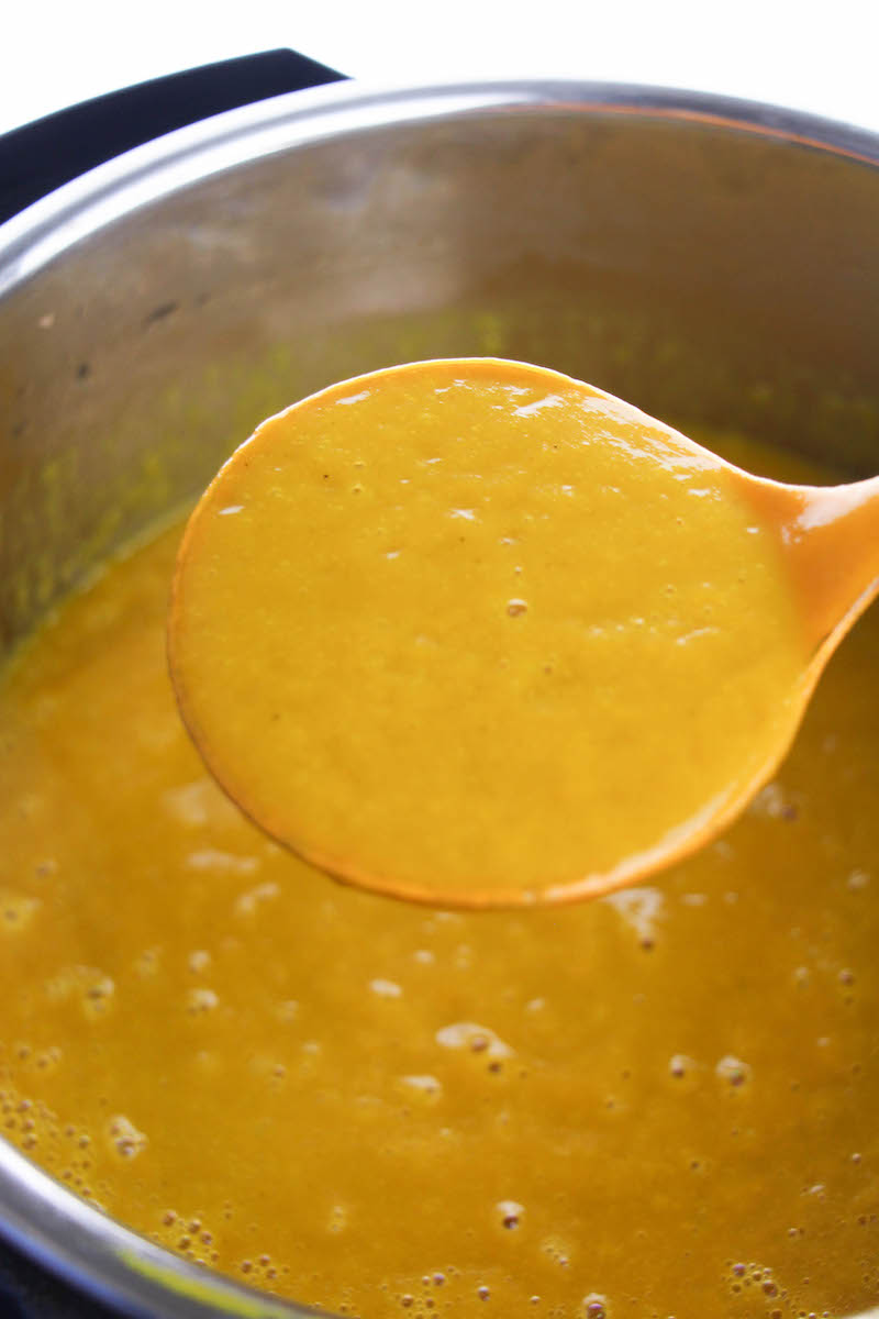 A ladle full of butternut squash soup