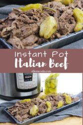 Collage photo of instant pot and Italian beef.
