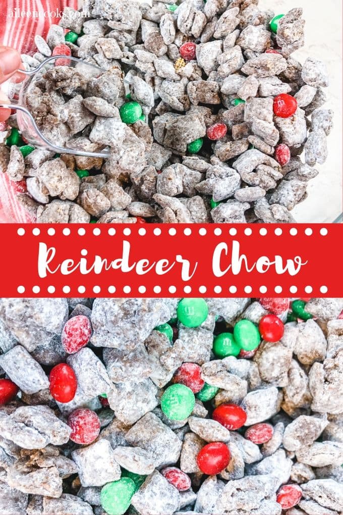 Collage photo of christmas themed puppy chow and words "reindeer chow".