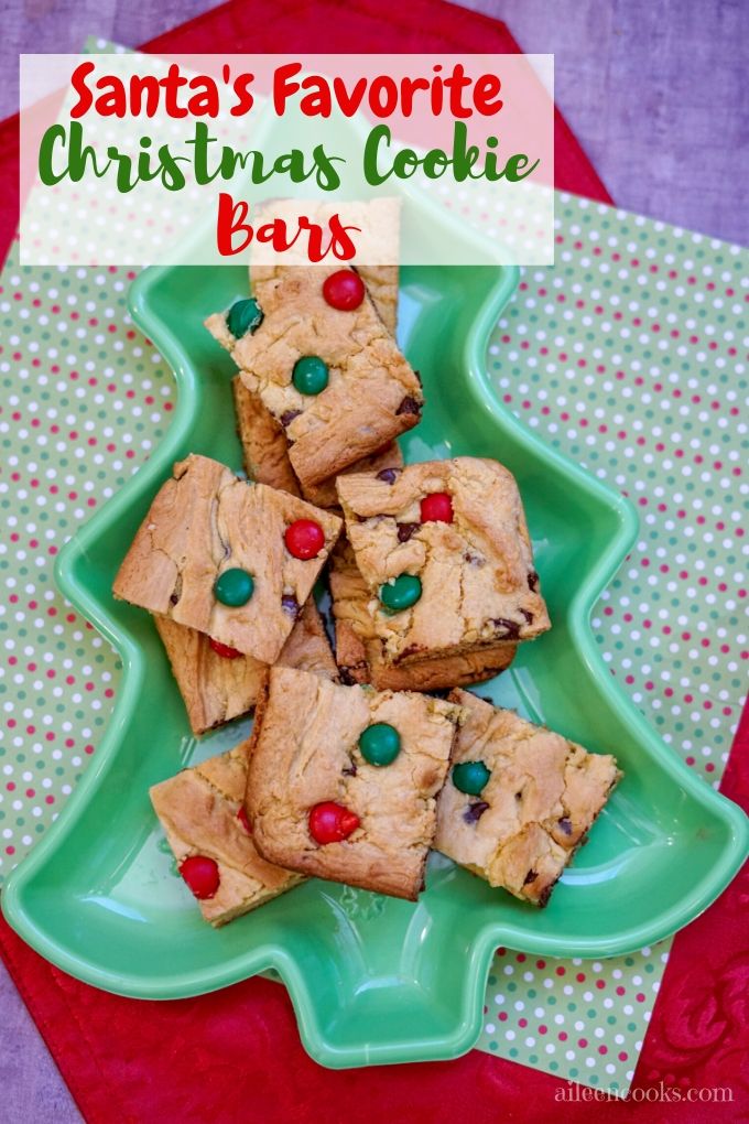 Picture of cookie bars in tree shaped dish and words "Santa's favorite Christmas cookie bars"