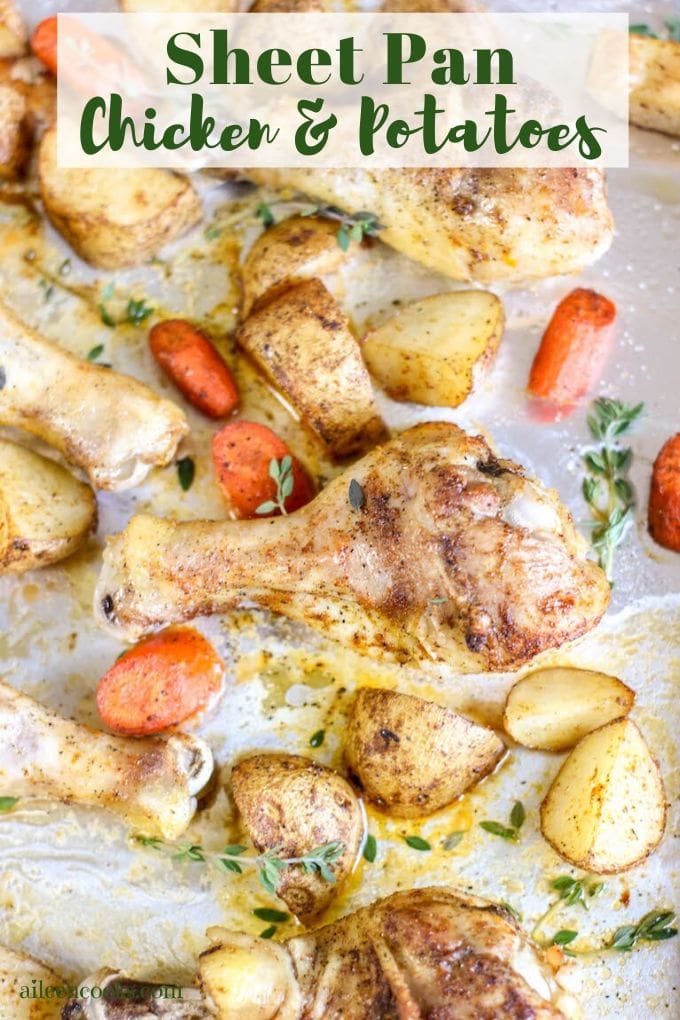 Close up of chicken and potatoes with words "sheet pan chicken and potatoes"