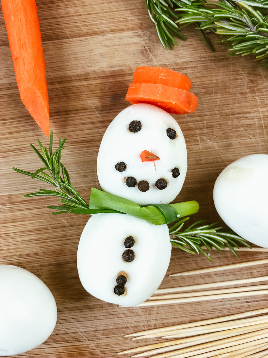Snowman snacks with rosemary arms.